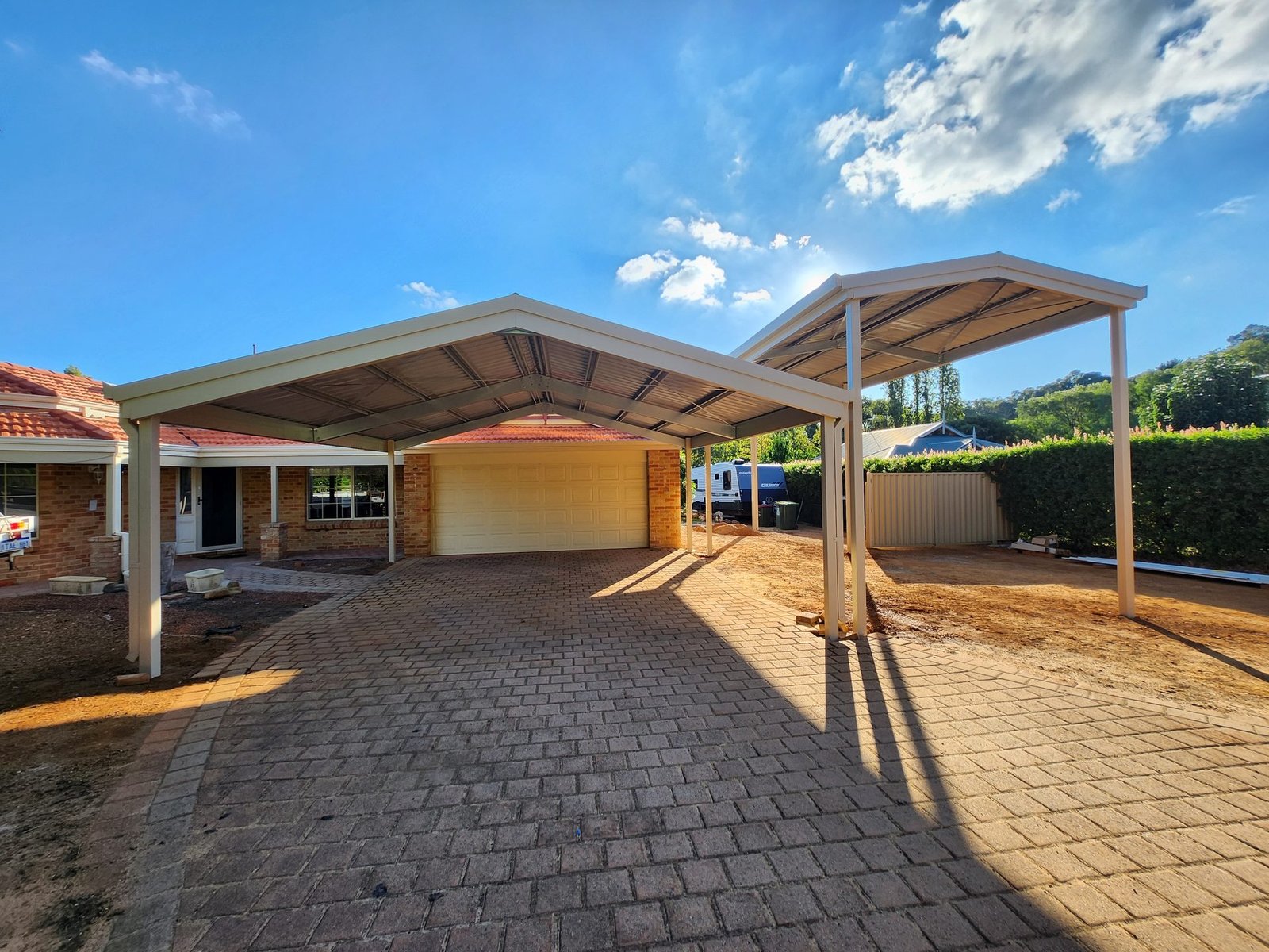 Gable roof carport installation Perth — driveway cover