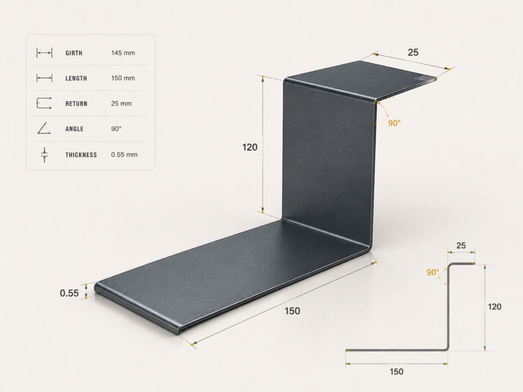 3D custom Z-flashing in Colorbond with bend angle and girth callouts