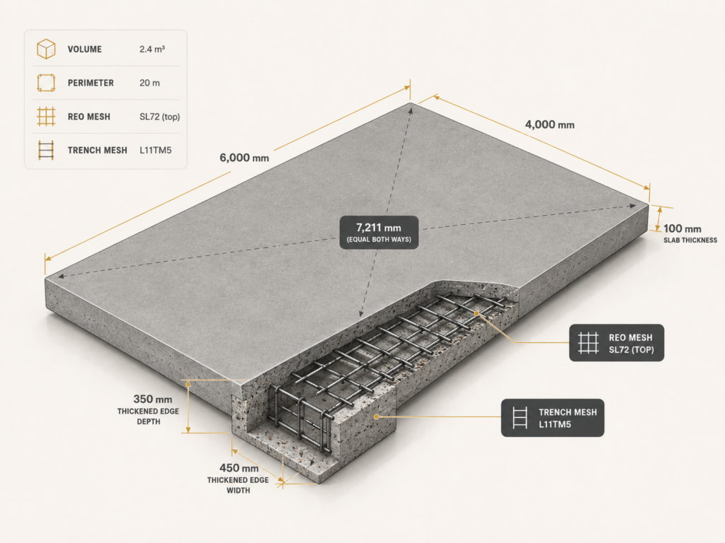 3D concrete slab with cutaway showing reo mesh, trench mesh, and edge thickening