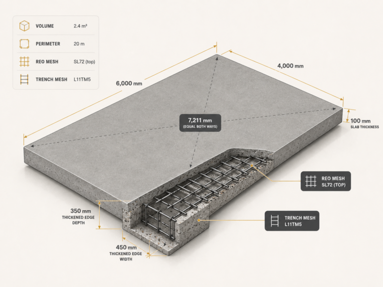 3D concrete slab with cutaway showing reo mesh and trench mesh